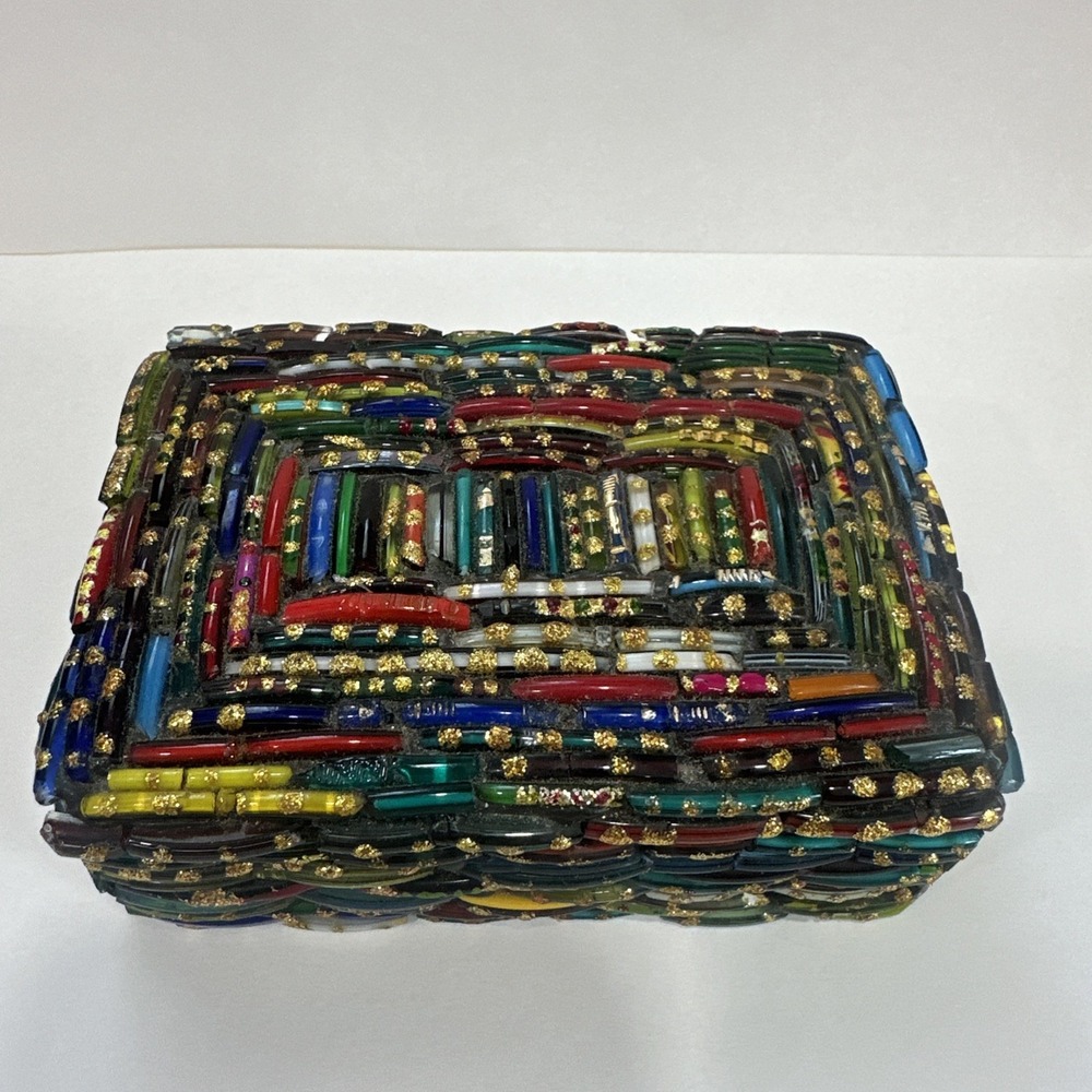 Vintage Indian Glass Bangle Trinket Box Mosaic Handmade Jewelry Case Boho